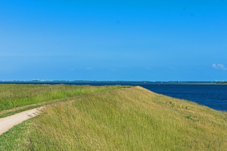 Een duinpad dat uitkomt op het water van de Grevelingen.